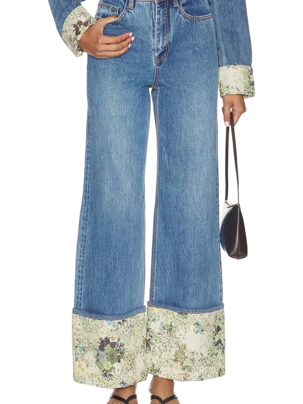 Alemais Marcel Jeans Denim Wide-Leg Jeans with Floral Cuff